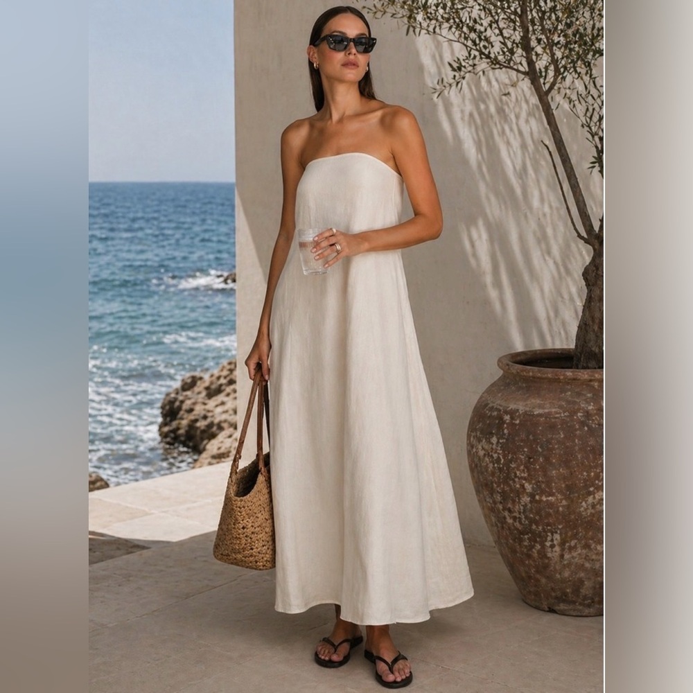 NWT COMMENSE Strapless Cream Natural Beige Linen Maxi Dress Coastal Resort